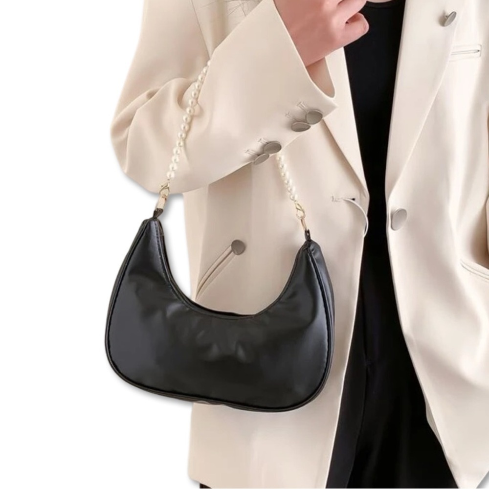 Black Faux Leather Shoulder Bag with Pearl Bader Strap | NWT - Picture 7 of 8